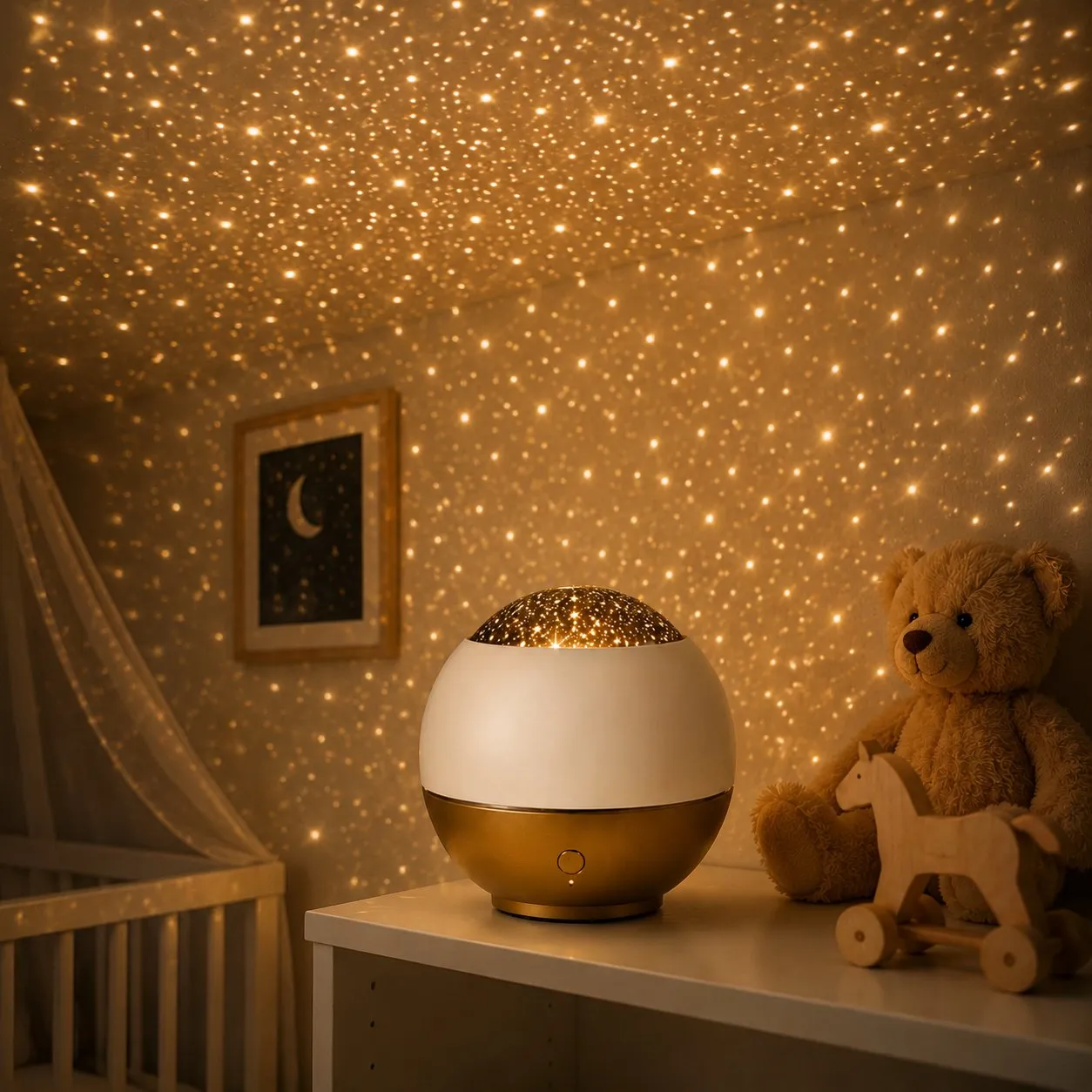 Two-tone white and brass star projector in a nursery casting crisp amber pinpoint stars on the ceiling