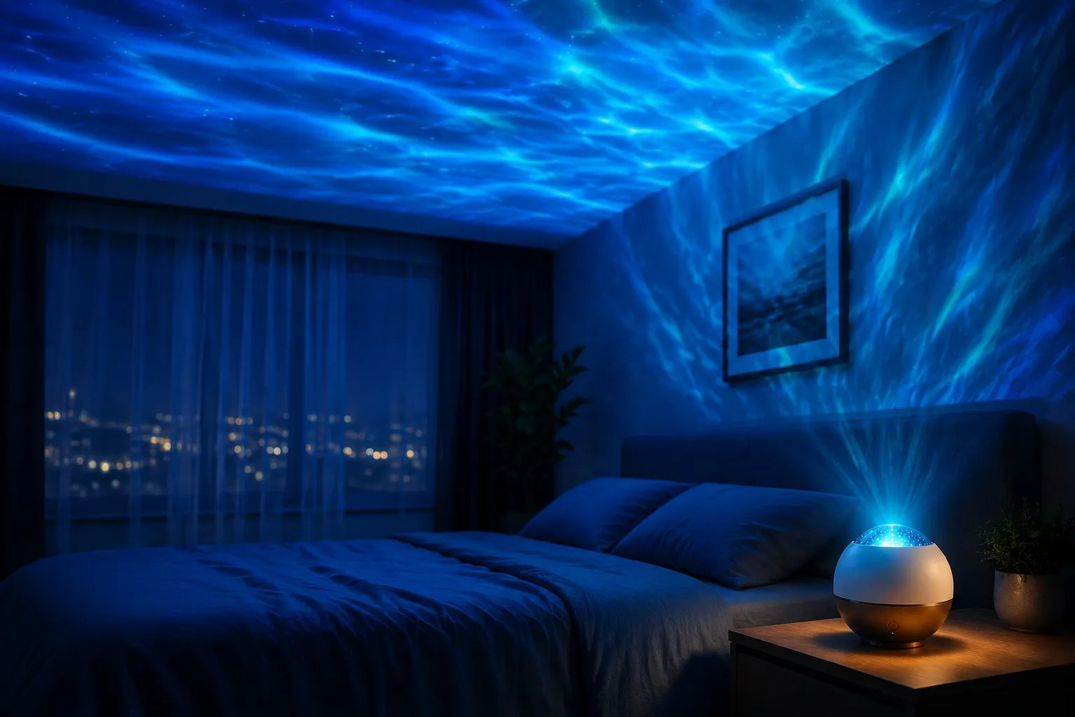 White and gold galaxy projector casting a blue and teal aurora ocean-wave effect across a bedroom ceiling and wall