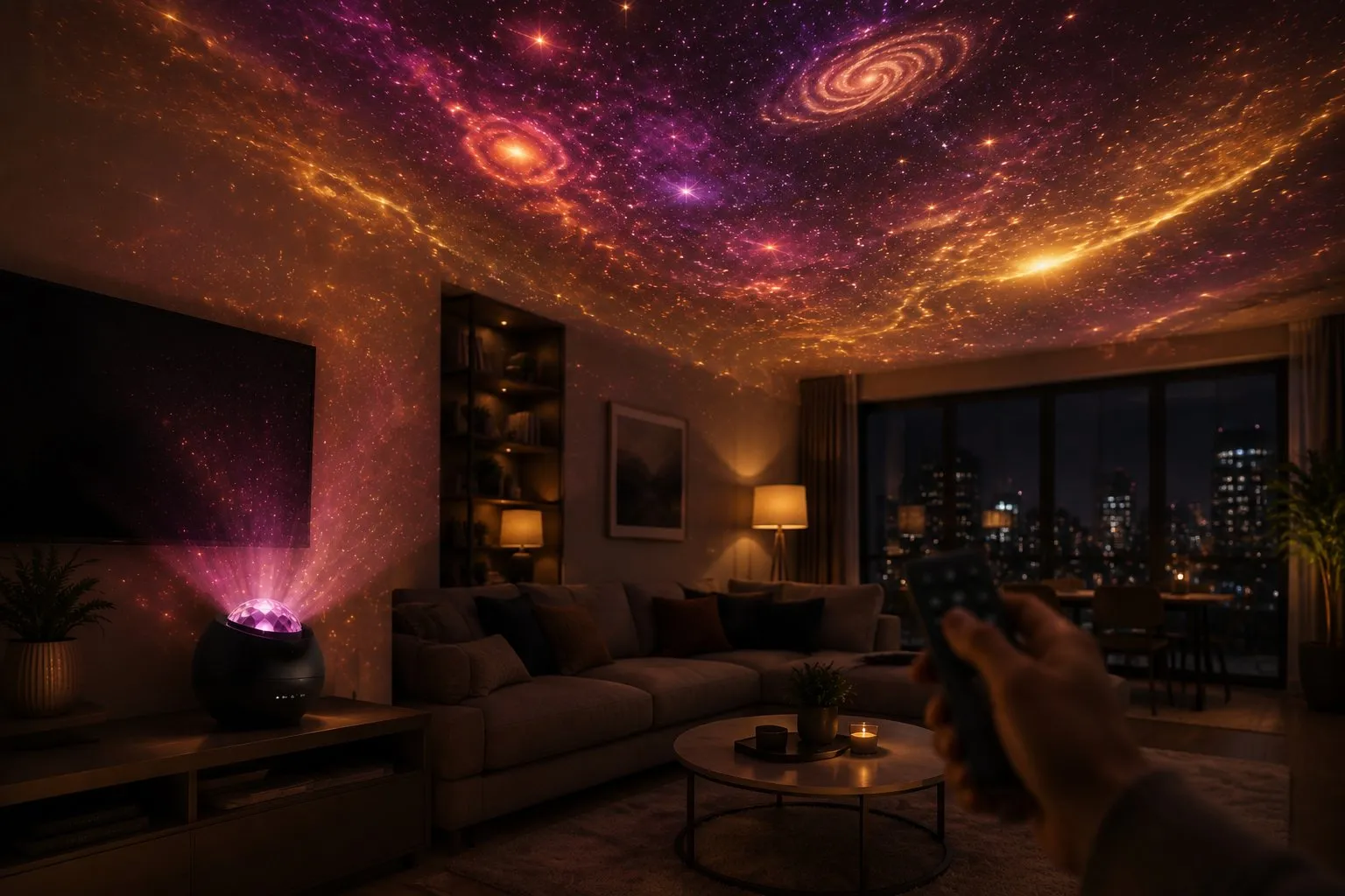 Matte-black galaxy projector on a living-room console with a hand holding a remote, casting a magenta and gold nebula on the ceiling