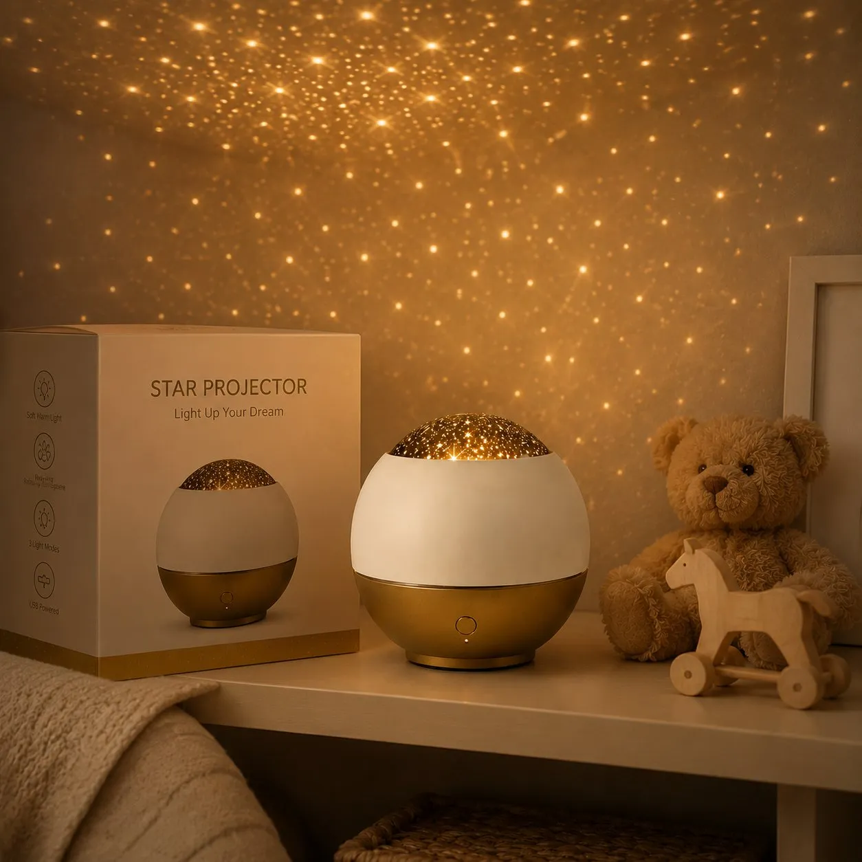Two-tone white and brass star projector on a styled retail shelf casting warm pinpoint stars, ready for private-label sourcing