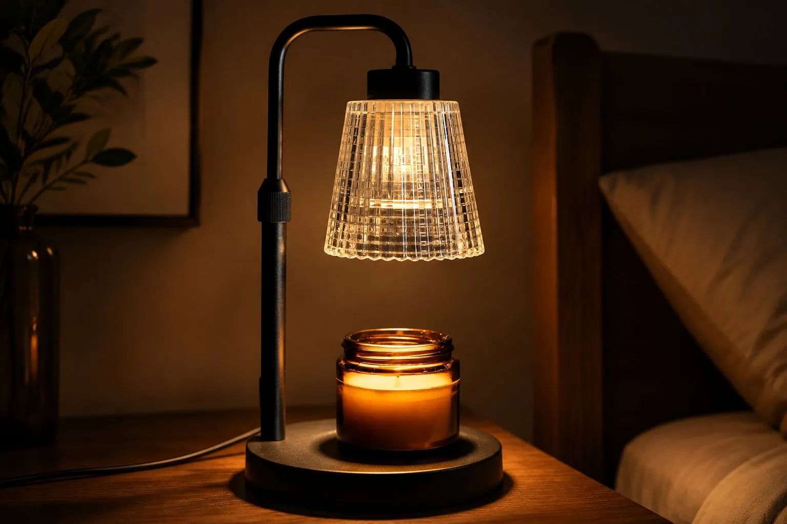 A candle warmer lamp gently melting a jar soy candle in a dim room, a flame-free gift that makes candles last longer