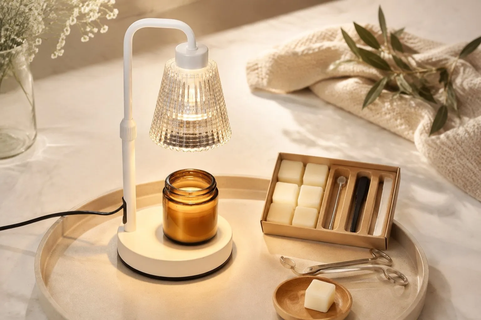 A giftable set of a candle warmer lamp, wax melts and a jar candle arranged on a tray for a candle lover