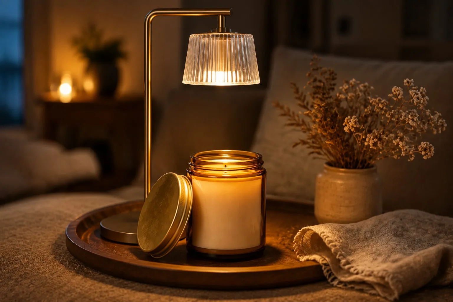 A jar soy candle sitting under a lit candle warmer lamp on a wooden tray with dried flowers, warm ambient lighting in a cozy living-room corner