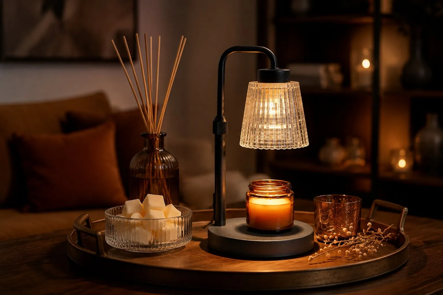 A styled cozy-home vignette with a candle warmer lamp, wax melts and jar candles arranged on a tray as a giftable home fragrance set, warm ambient lighting