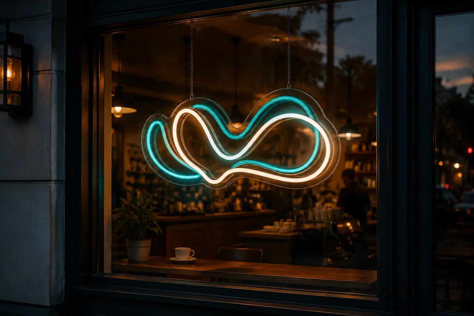 A custom teal and warm-white neon open sign mounted in a cafe storefront window at dusk, seen from the street