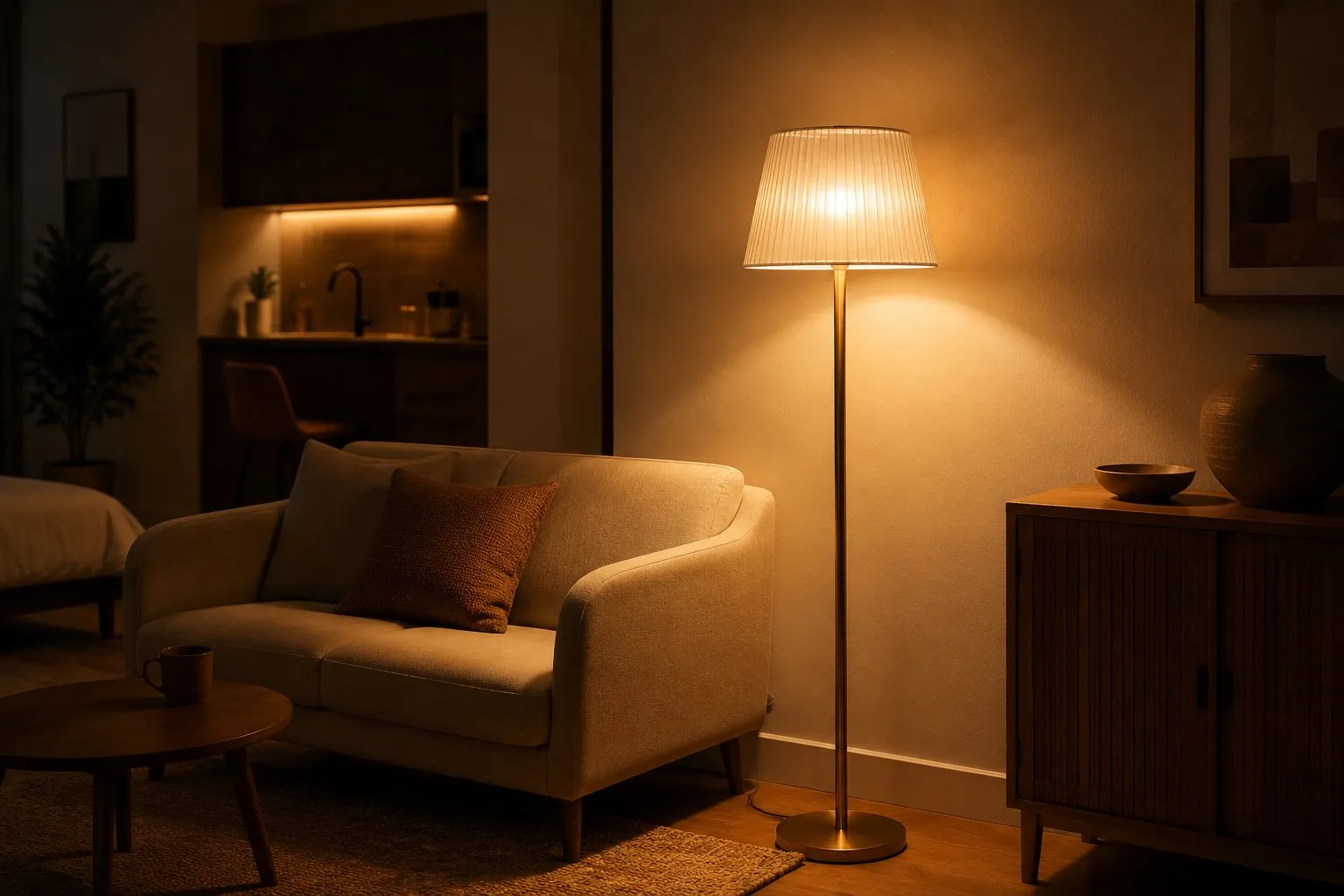 Warm plug-in floor lamp glowing amber in the corner of a small studio apartment, marking a cozy living zone at night