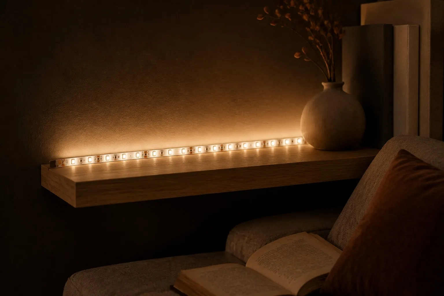 Warm LED light strip hidden behind a shelf in a studio apartment, casting soft indirect glow to mark a separate reading nook