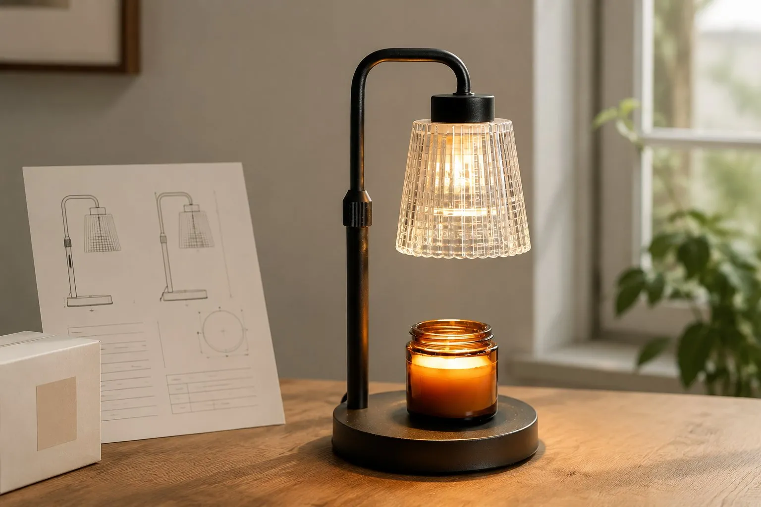 A glass-shade candle warmer lamp glowing warm on a retail buyer's desk beside a spec sheet and a sample carton