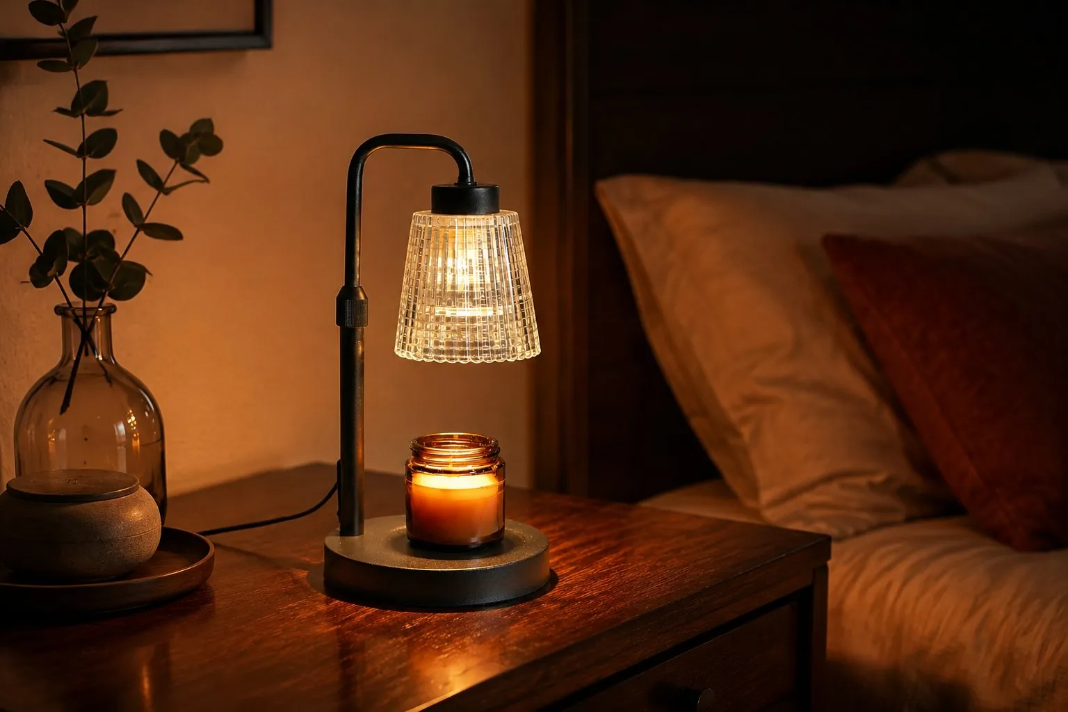 A BeginLighting candle warmer lamp glowing over a jar candle on a wooden nightstand, the product line the company makes in Foshan