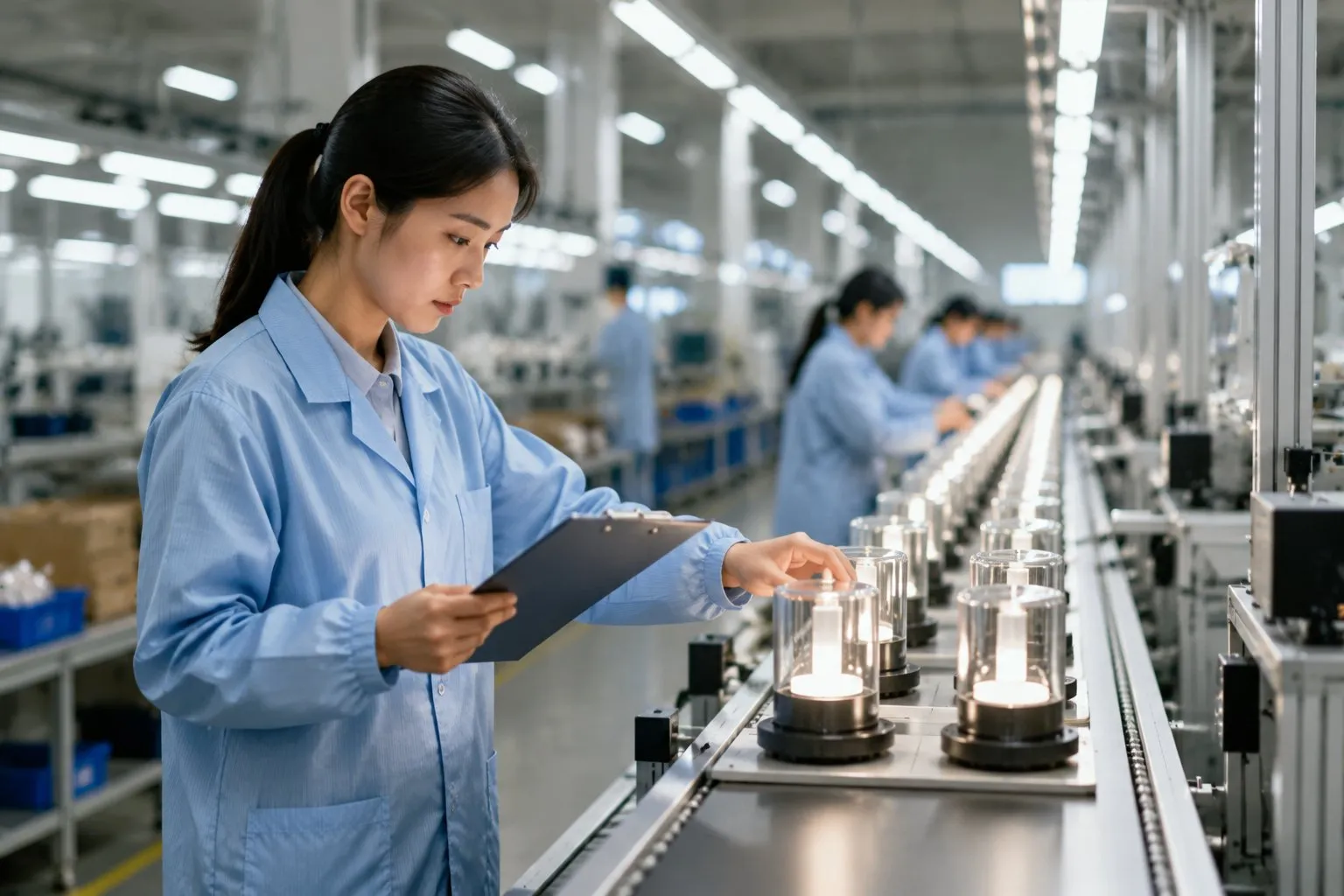 A quality inspector in a Foshan factory checking finished lighting units against a clipboard checklist on a production line