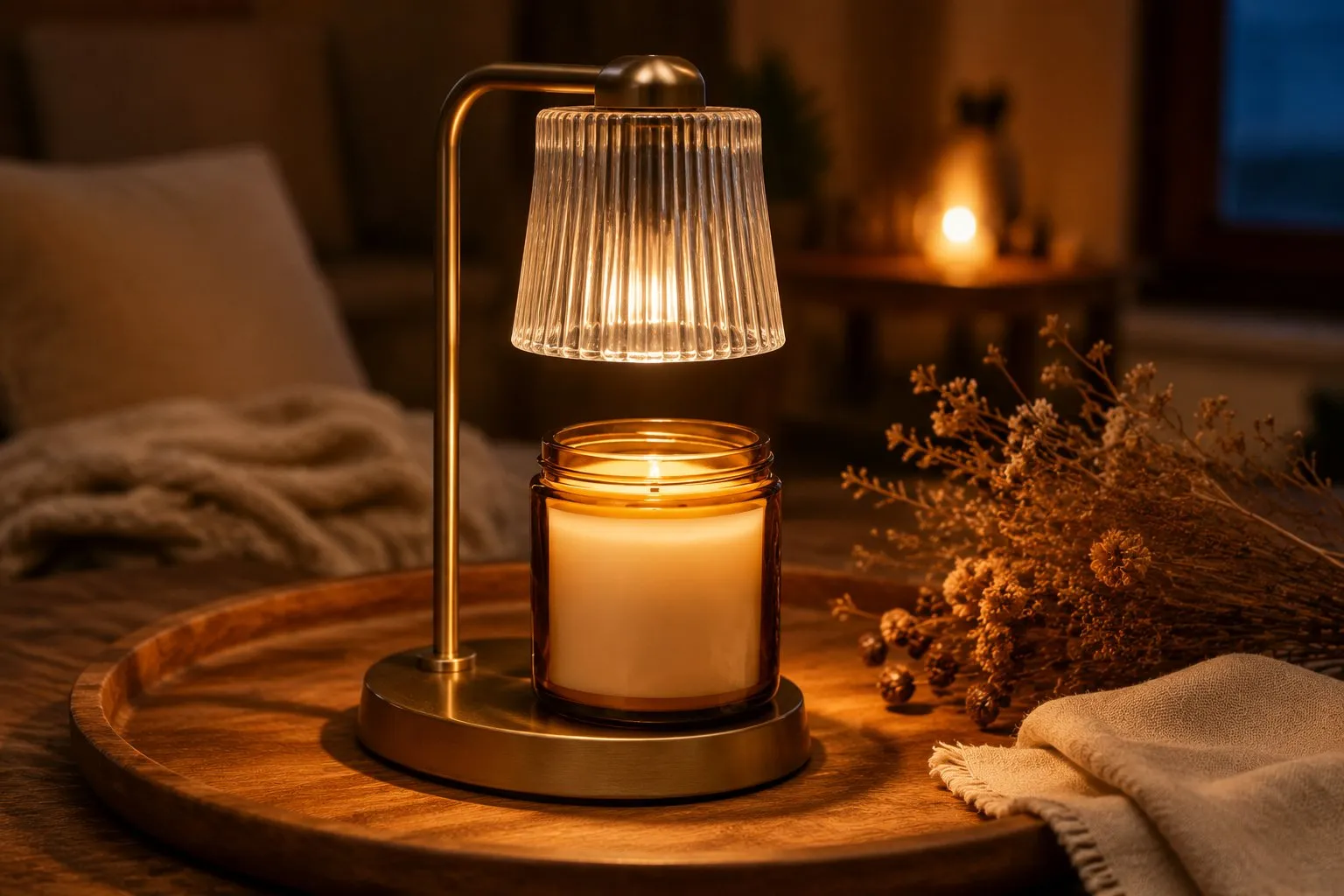 A jar soy candle sitting under a lit candle warmer lamp on a wooden tray with dried flowers, warm ambient lighting in a cozy corner