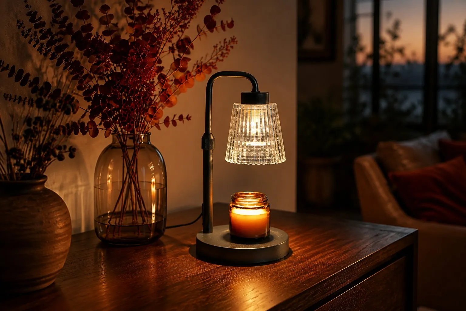 A lit candle warmer lamp glowing over a jar candle on a wooden shelf beside dried botanicals, casting a warm amber pool of light in a dim living room