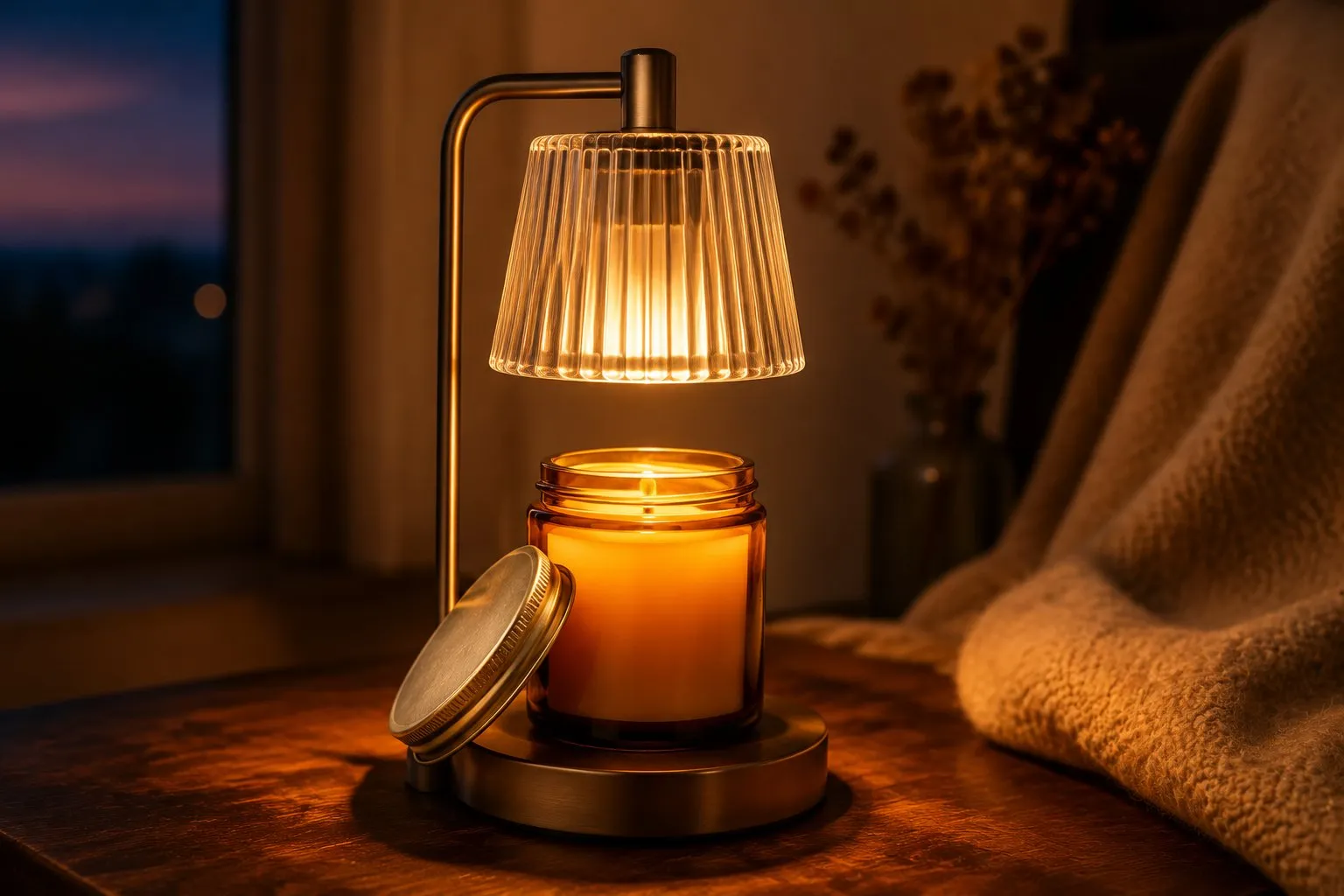 A flame-free candle warmer lamp melting a jar candle at dusk, casting a warm amber hygge glow across a wooden surface with no open flame
