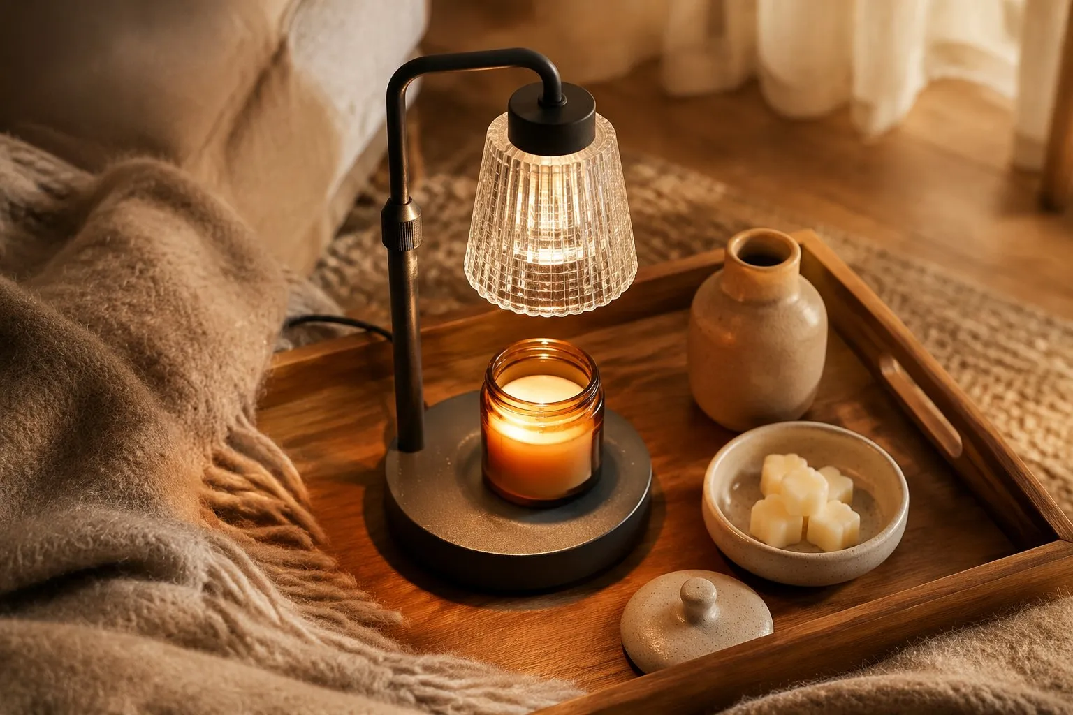 A cozy hygge vignette with a warm-glow candle warmer lamp, wax melts and jar candles grouped on a wooden tray beside soft textures