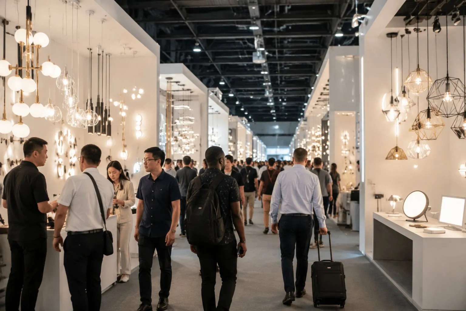 Buyers walking a busy lighting trade fair aisle in Guangzhou, China, with tall illuminated booths displaying pendant and panel lighting on both sides