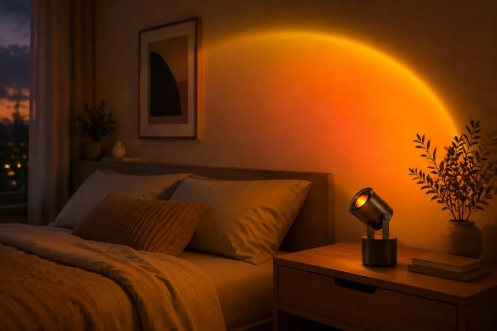 Cylindrical sunset projection lamp casting a warm amber gradient wash across a bedroom wall