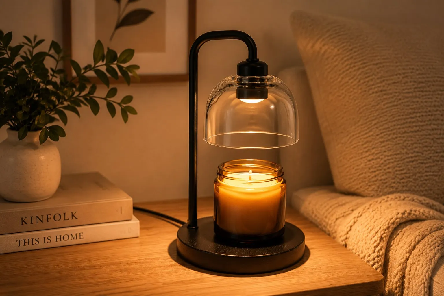 Dome-glass candle warmer lamp with a warm top-down glow, the beachhead of a cozy mood lighting assortment