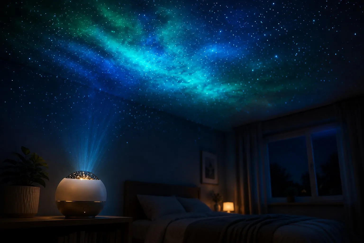 Galaxy projector scattering blue and green starfields across a ceiling, a high-view cozy lighting category