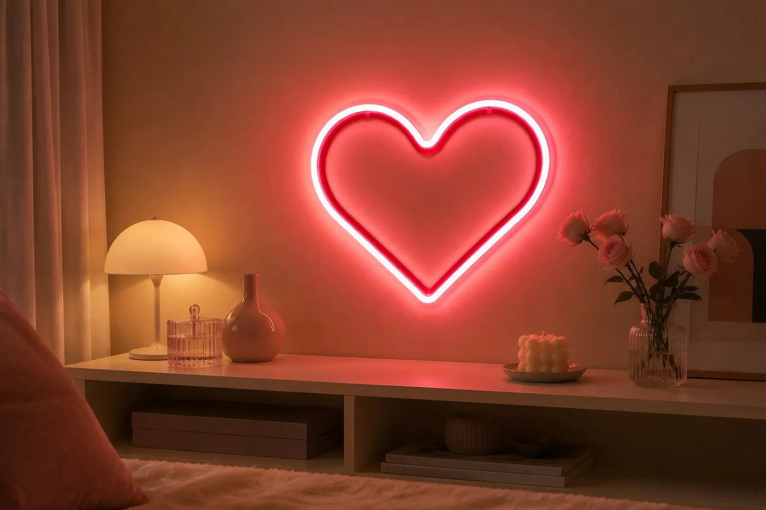 LED neon heart wall light glowing pink, decorative ambient lighting for a bedroom accent wall