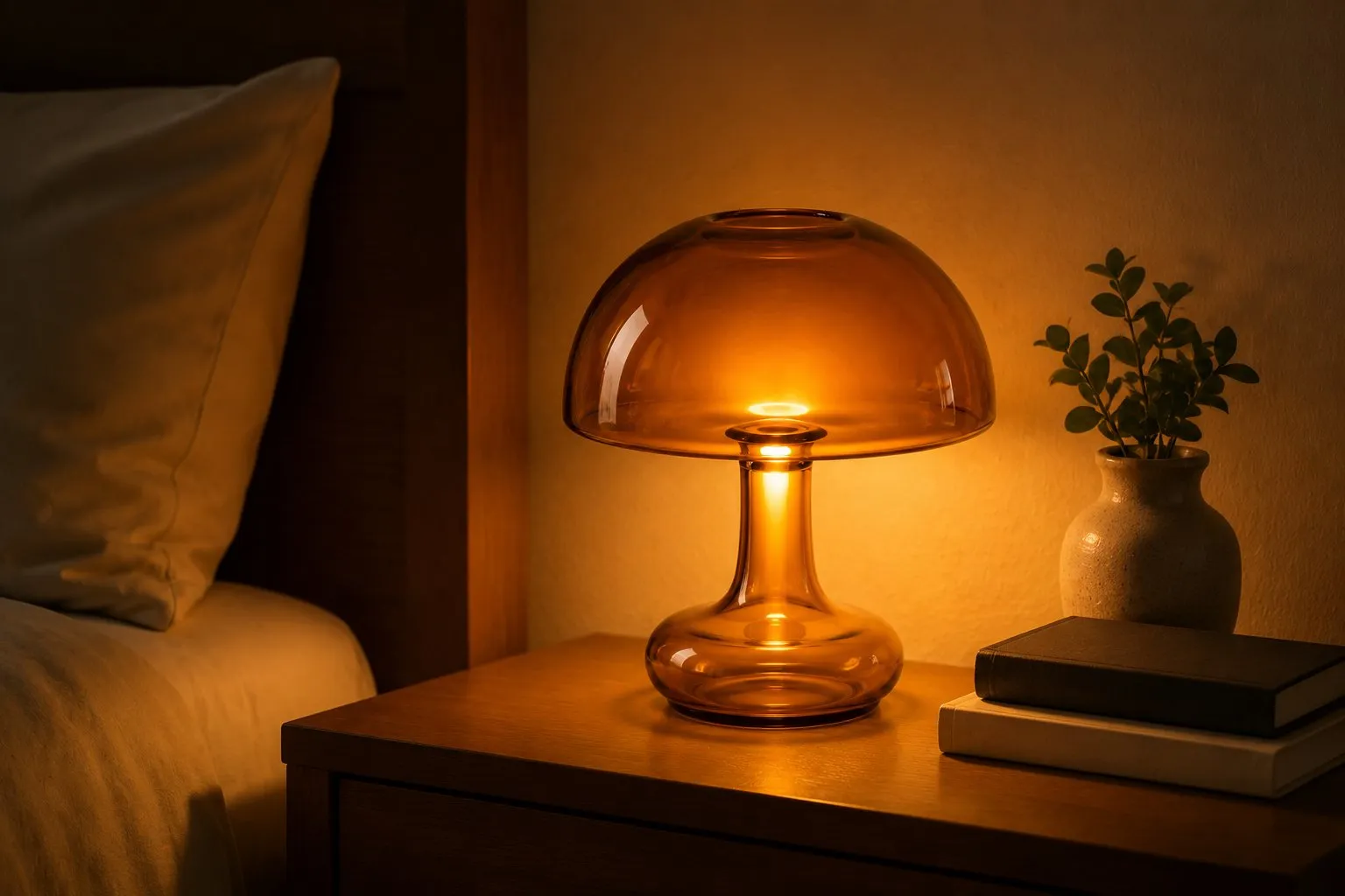 Mushroom glass accent lamp giving a warm ambient lighting pool of light on a nightstand