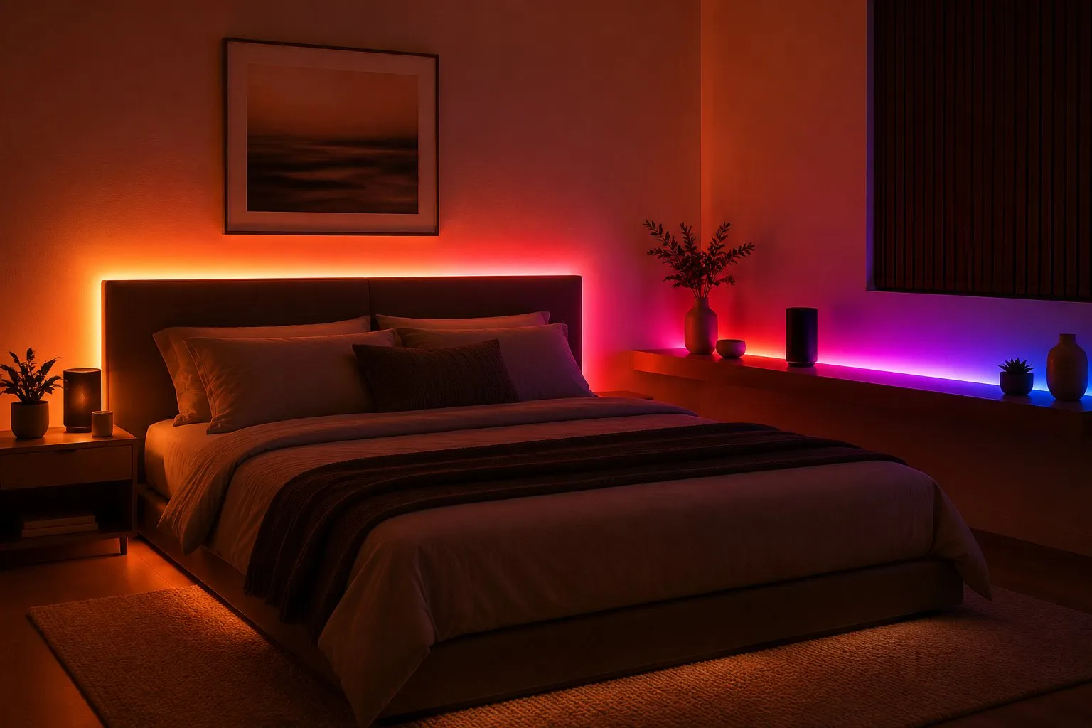 RGBIC LED strip washing a bedroom shelf in warm color, flexible ambient lighting for a headboard or ceiling cove