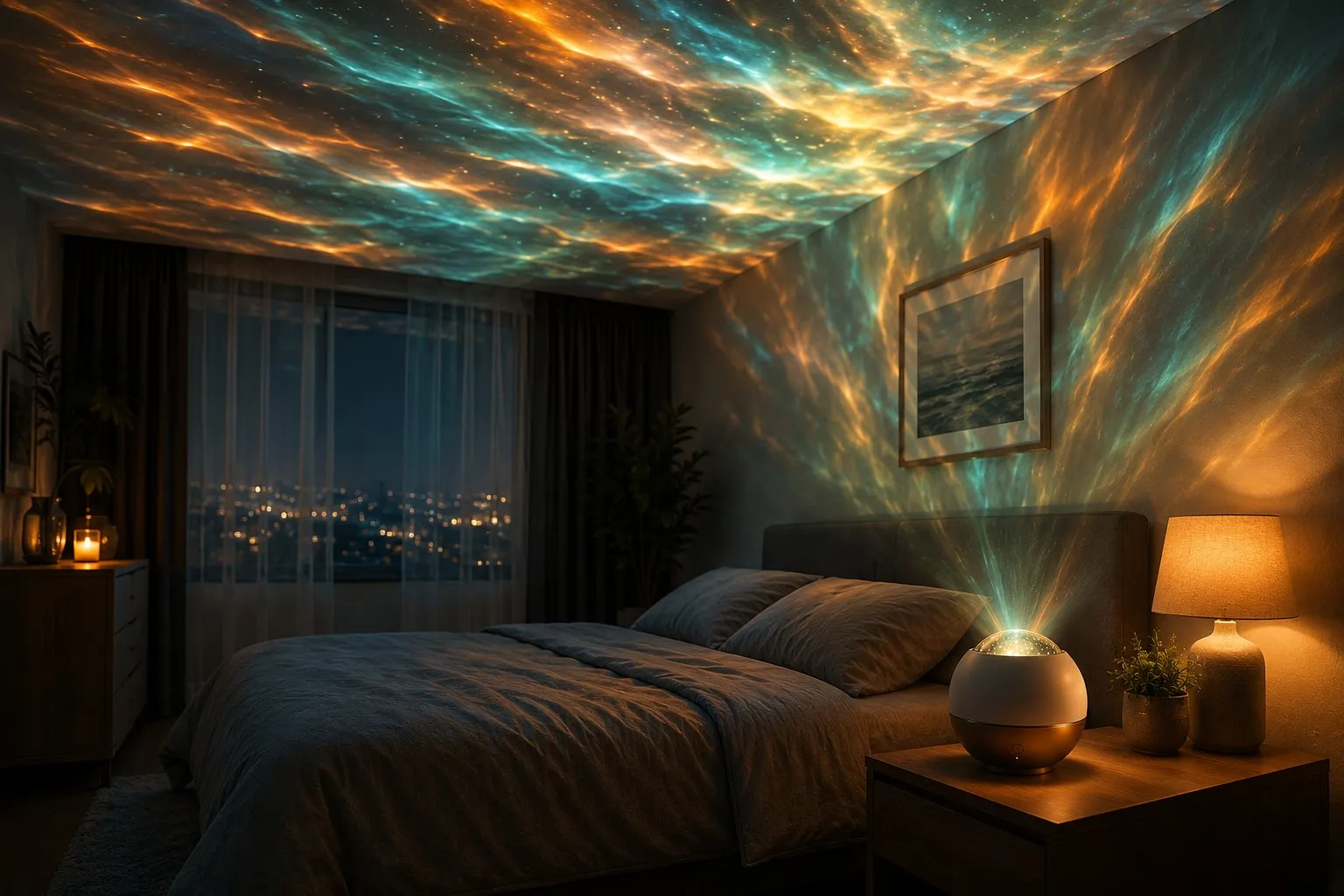 An aurora and ocean-wave projector washing a bedroom ceiling in warm amber light, a layered ambient lighting scene