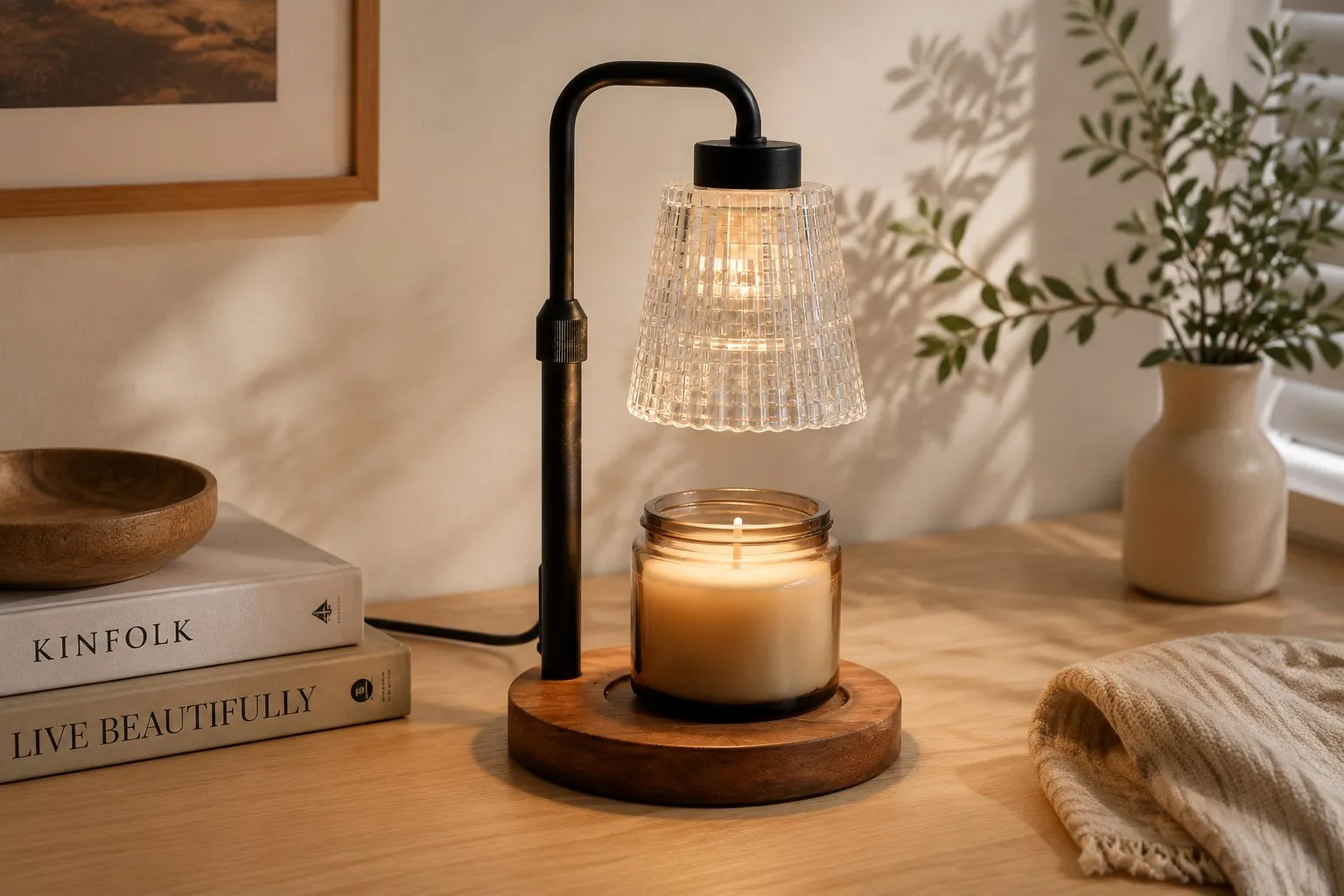 Solid-wood base candle warmer lamp with a warm dome glow, ready for a private-label cozy-home assortment