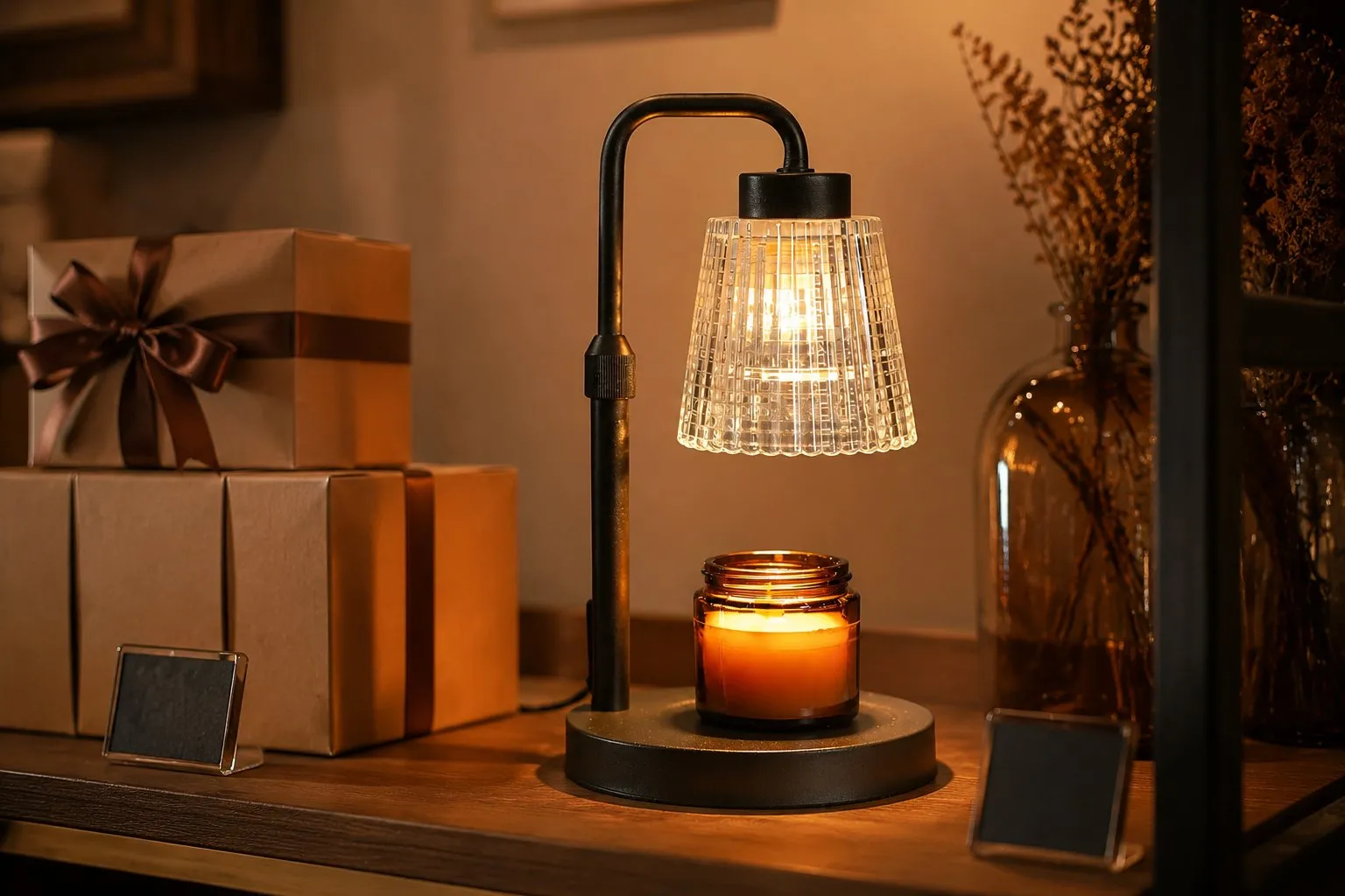 Amber glass candle warmer lamp glowing on a boutique shelf beside stacked gift boxes and price tags