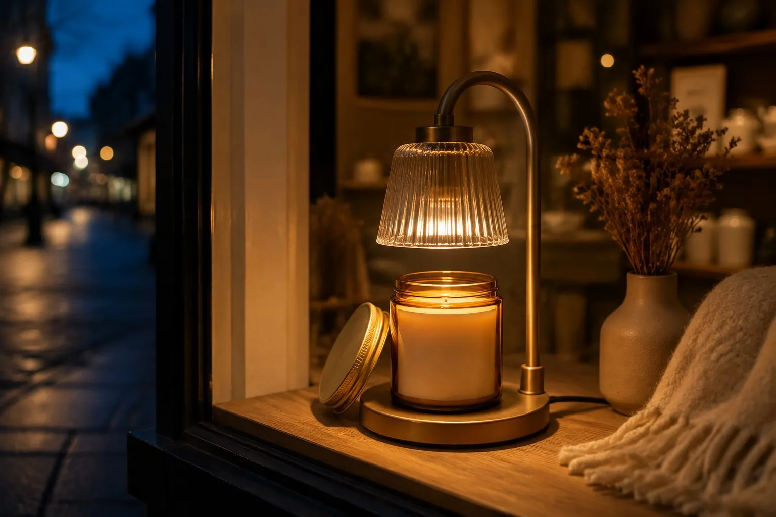 A warm-glow candle warmer lamp lighting a jar candle in a shop window at dusk, a flame-free store window display glowing to the sidewalk