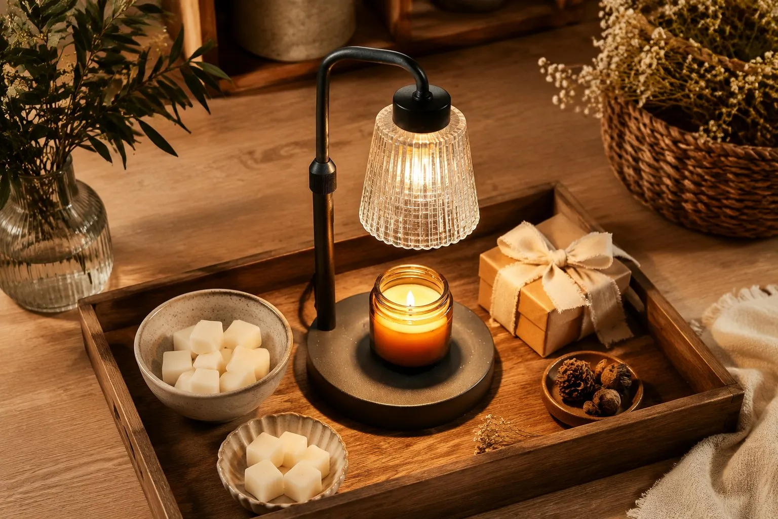 A styled gift shop vignette with a candle warmer lamp, wax melts and jar candles grouped on a tray as a cozy, giftable retail display