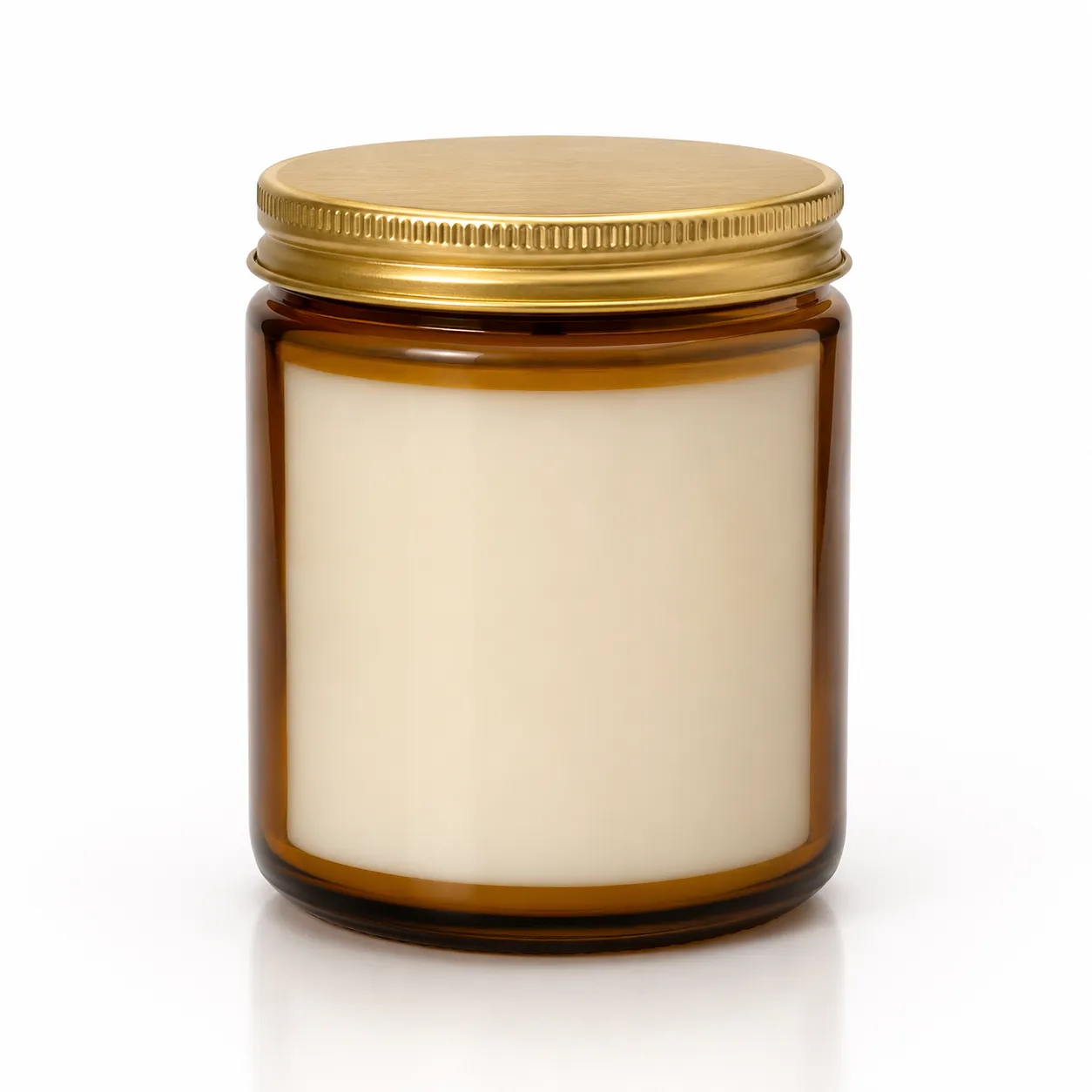 Amber glass jar soy candle with a brushed-gold lid and a blank cream label, the matched soy candle supplied alongside the warmer range