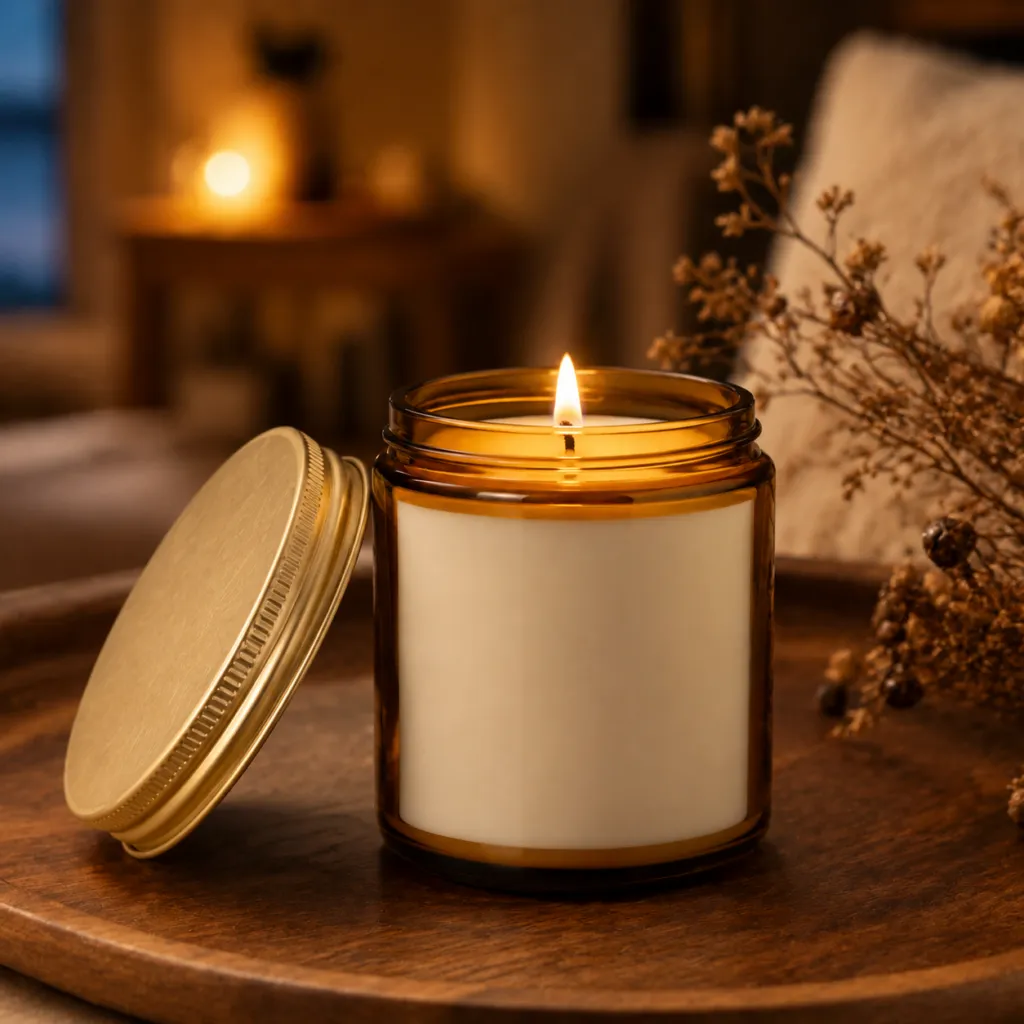 BeginLighting soy wax scented candle lit in a cozy warm setting