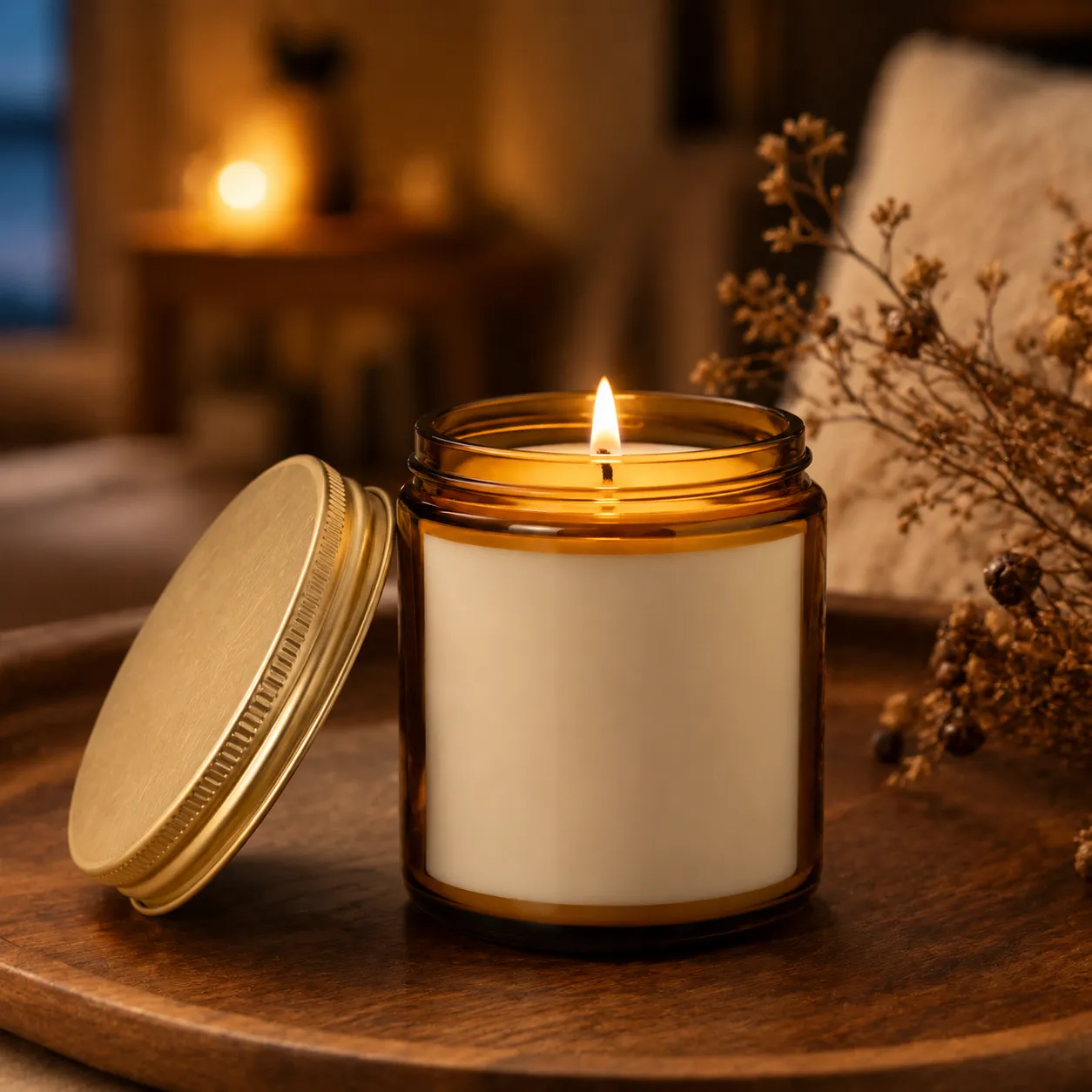 BeginLighting soy wax scented candle lit in a cozy warm setting