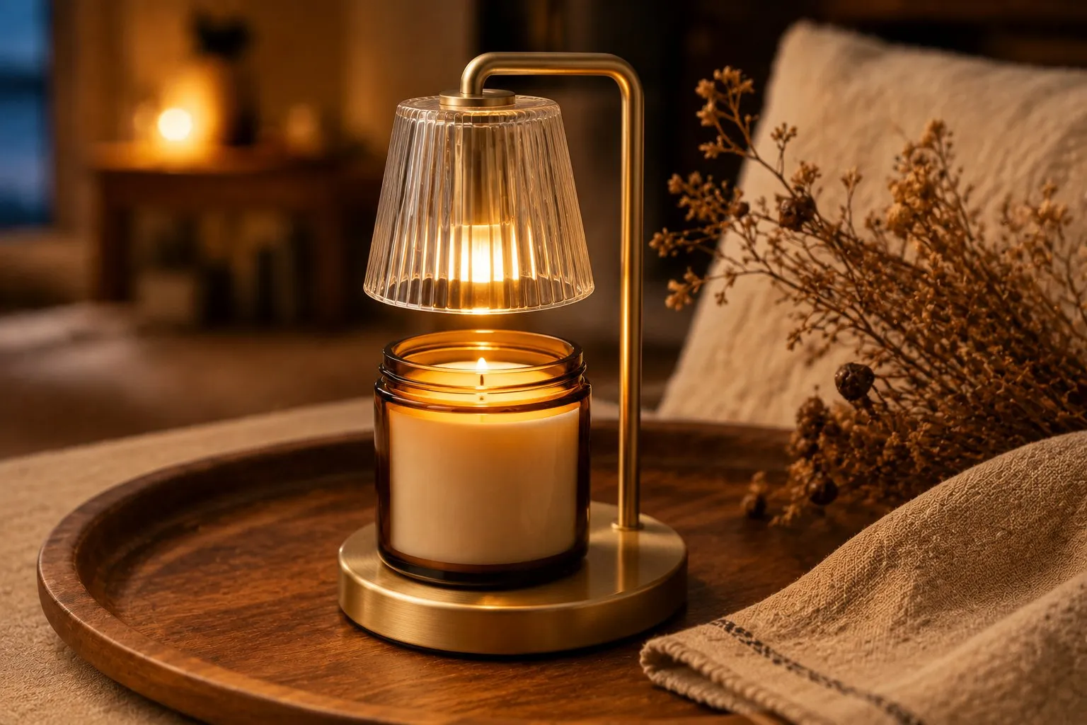 A soy candle beside a candle warmer lamp on a styled tray with dried flowers, warm ambient lighting in a cozy living-room corner