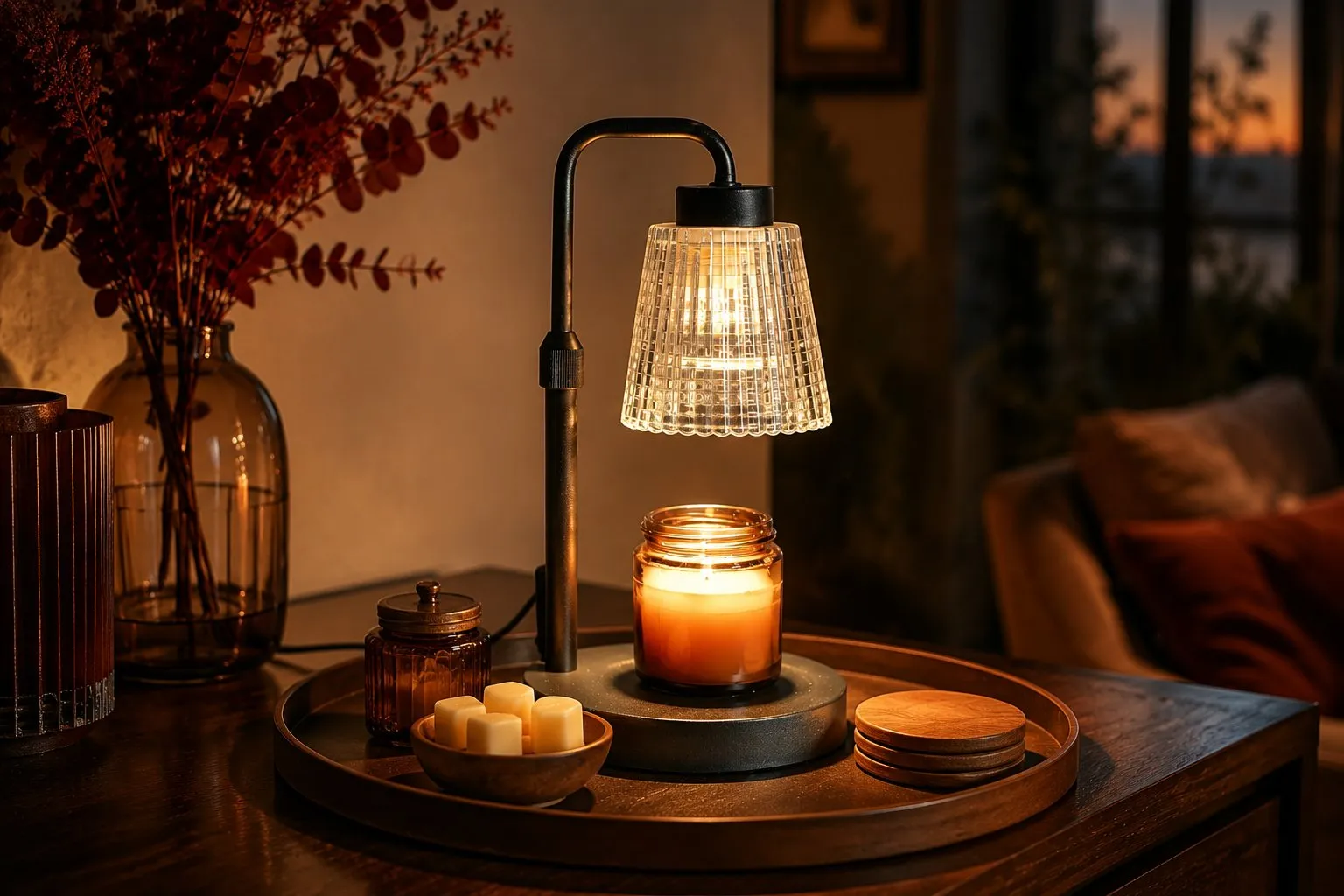 A styled cozy-home vignette with a candle warmer, wax melts and jar candles arranged on a tray, warm ambient lighting for a giftable retail display