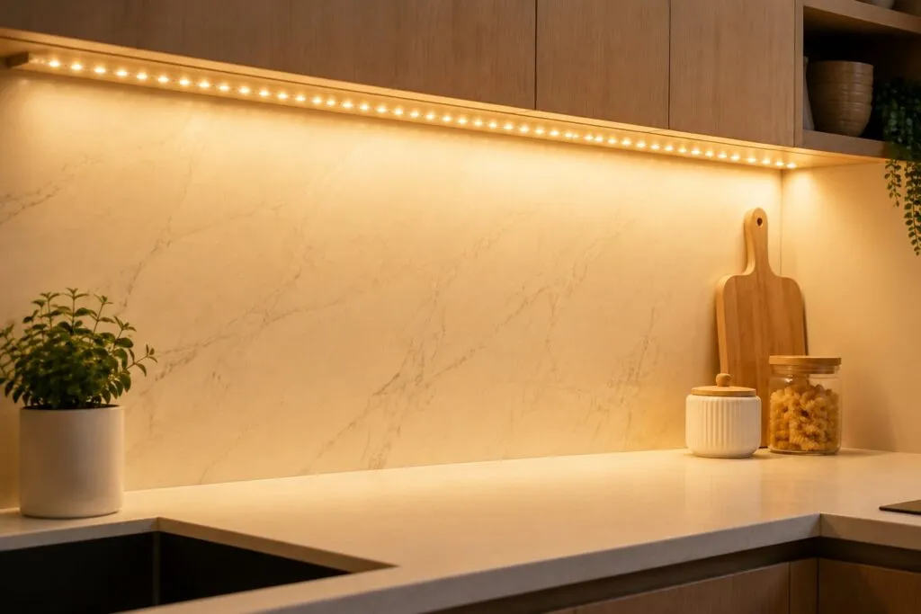Warm-white LED strip under a wood cabinet washing the backsplash and counter with even, shadow-free light