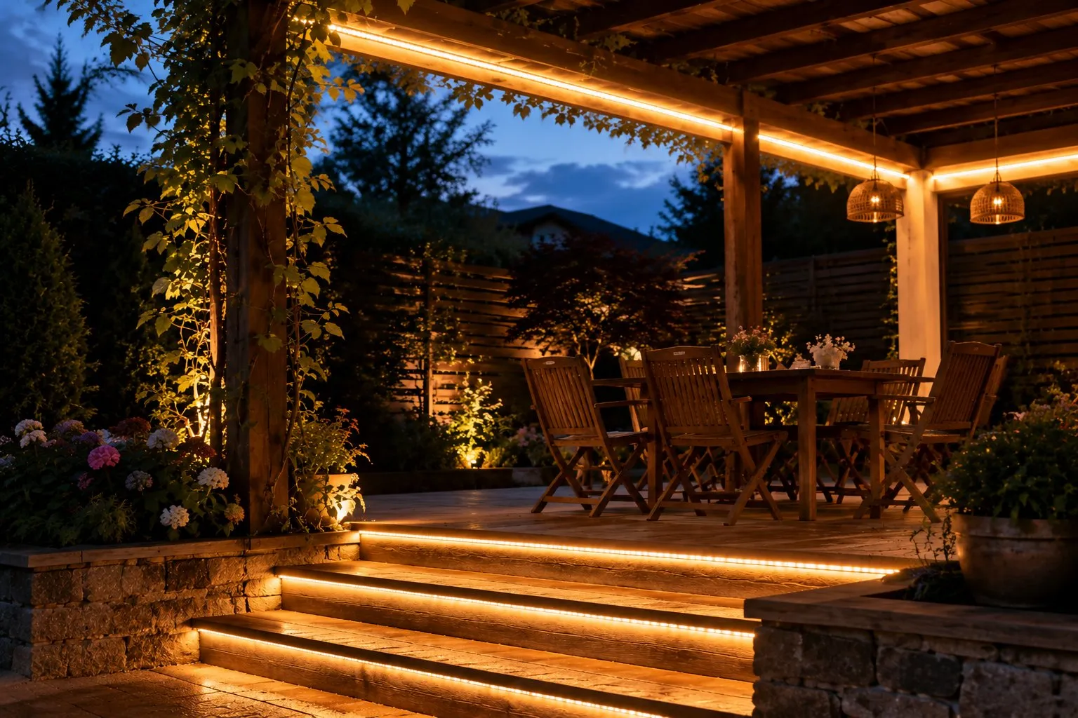 Warm-white waterproof LED strip lining pergola beams and outdoor steps at dusk, the higher-IP long-run format for damp and exterior zones