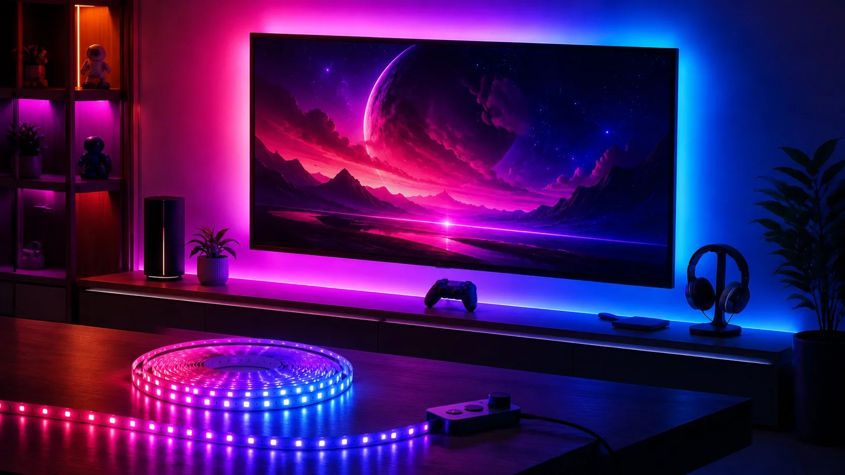 RGBIC color-changing LED strip on a reel glowing pink to blue behind a media console, a color accent strip rather than a kitchen task light