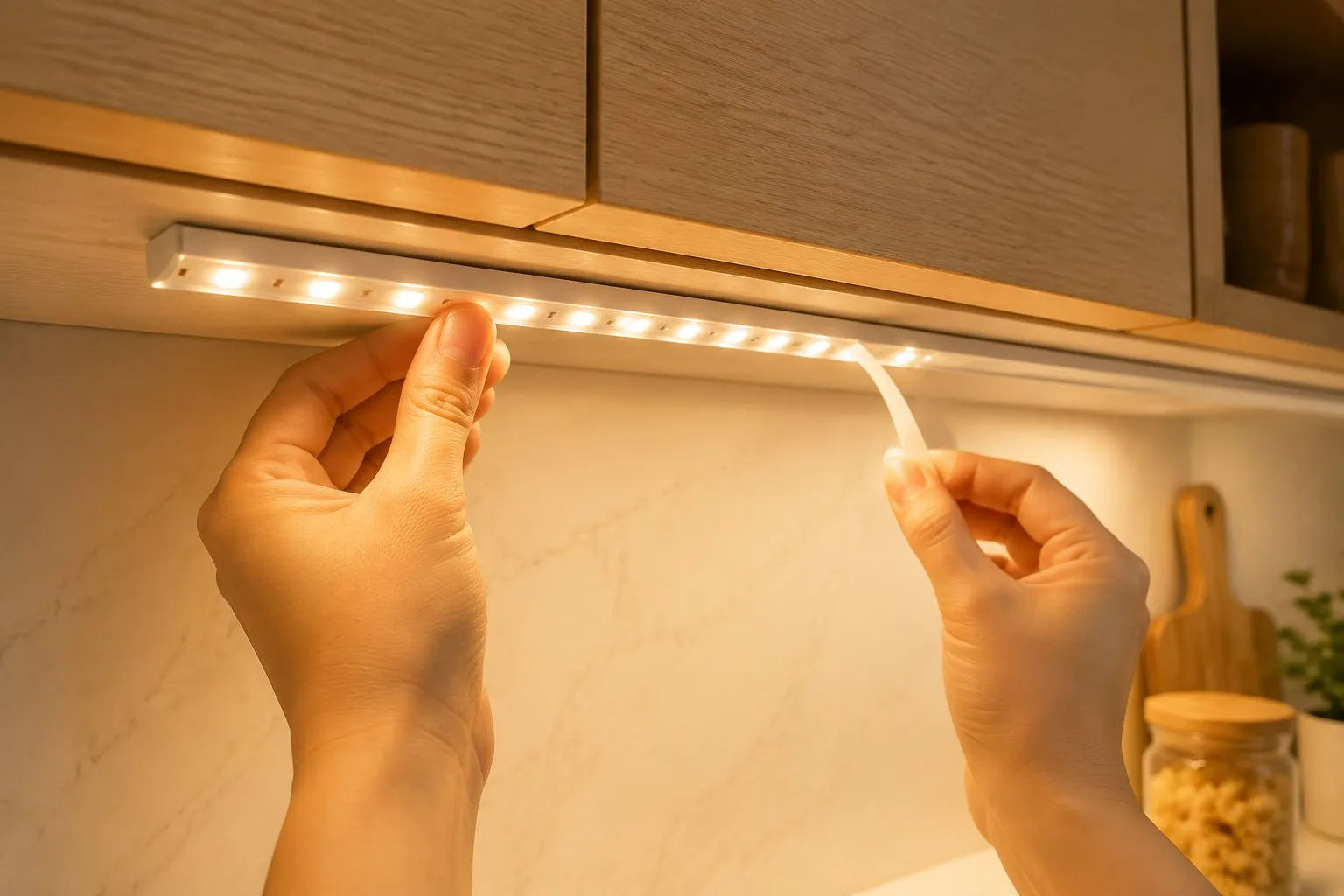 Under-cabinet LED strip kit being pressed onto the front rail beneath a wood cabinet, the near end already lit and washing the counter