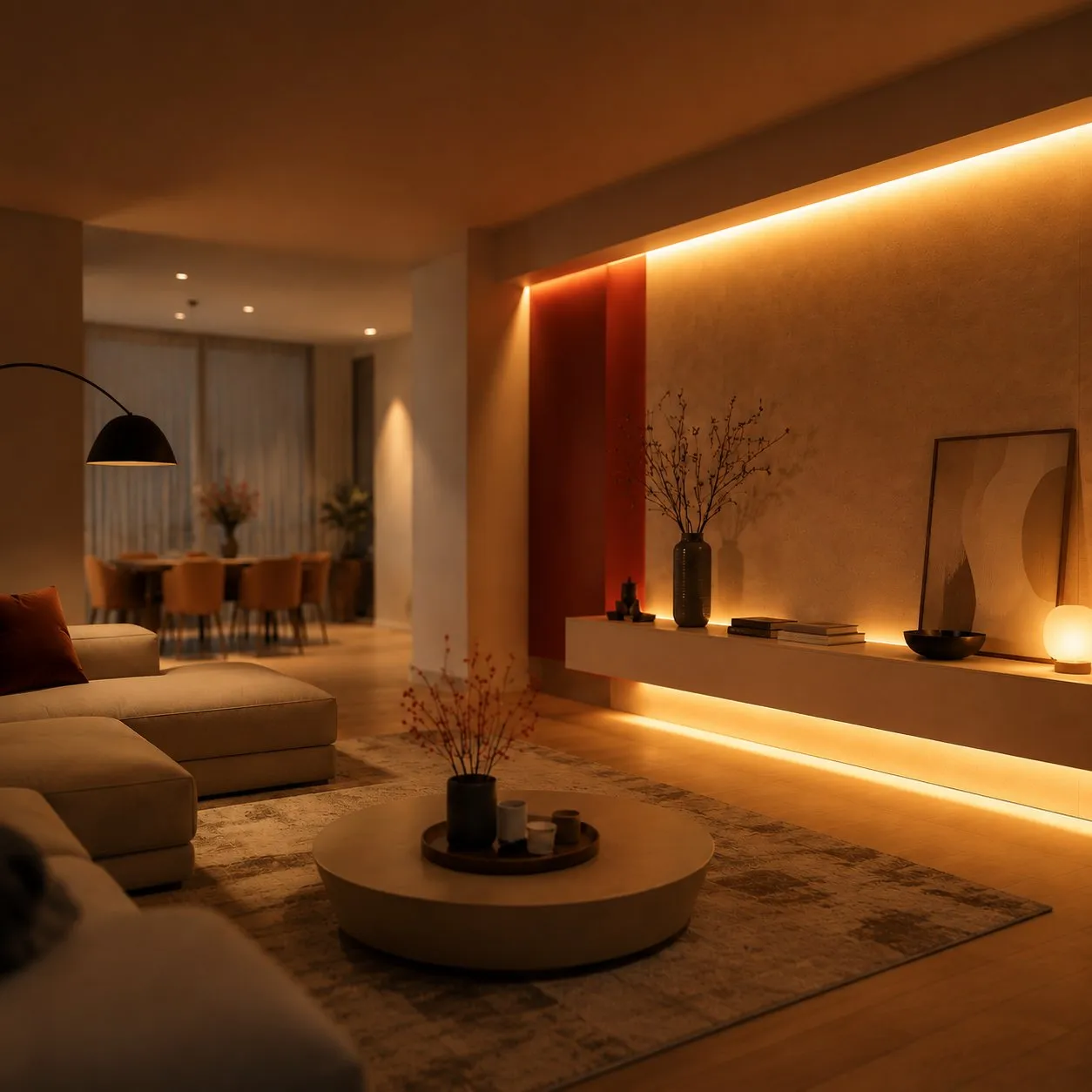 BeginLighting Smart LED Light Strip casting warm cove light along a living-room shelf, available factory-direct for wholesale and private label