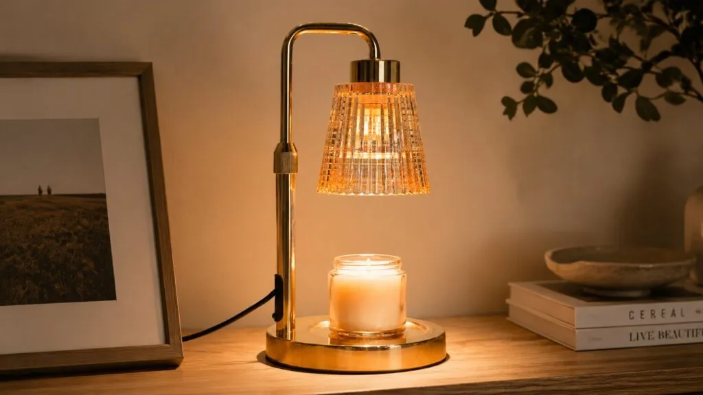 Champagne-gold arch-style candle warmer lamp warming a glass jar candle placed under the shade, wick unlit