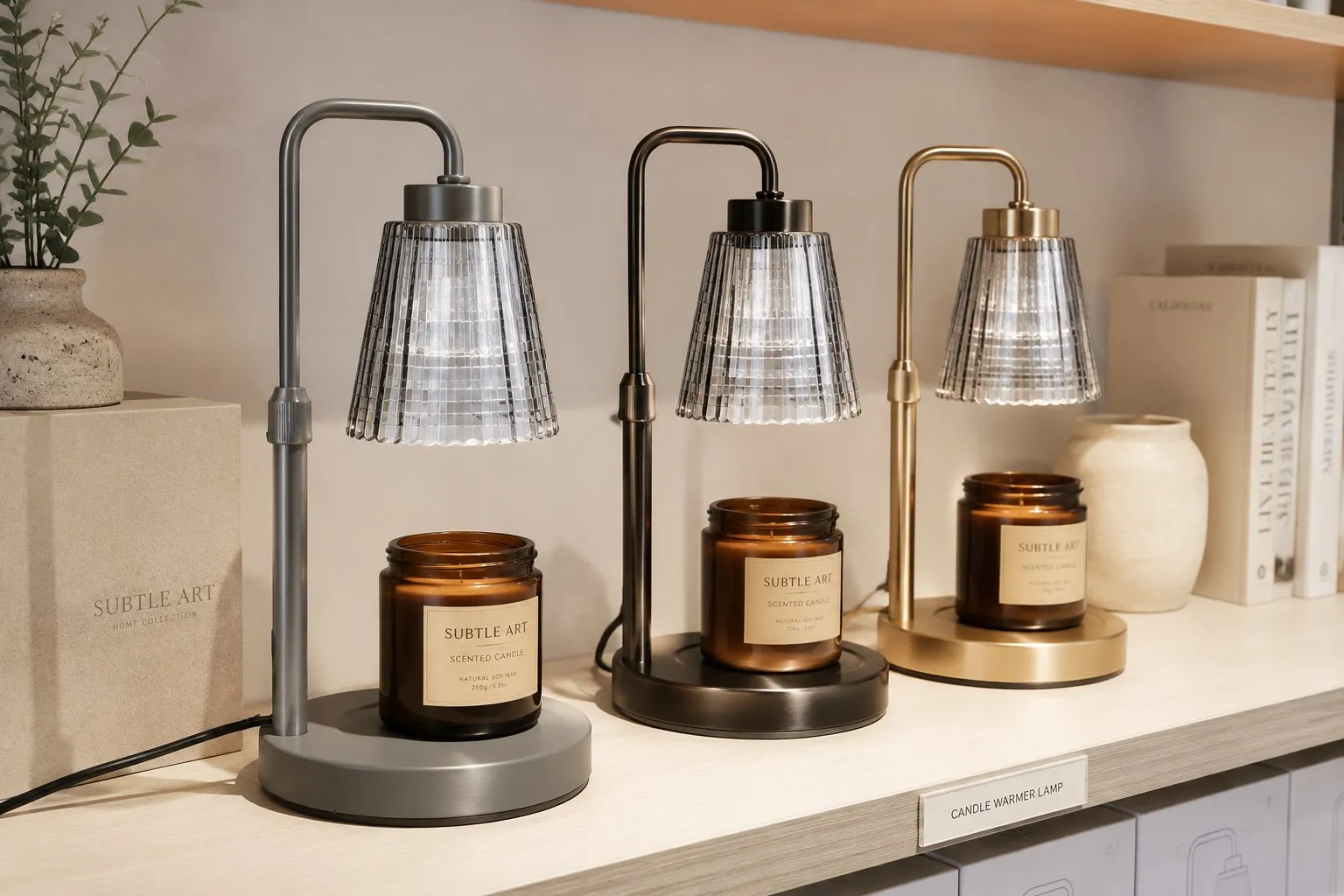 Retail lineup of candle warmer lamps in stone gray, gold, and white finishes on a shelf, showing the color range a buyer can merchandise as a proven category
