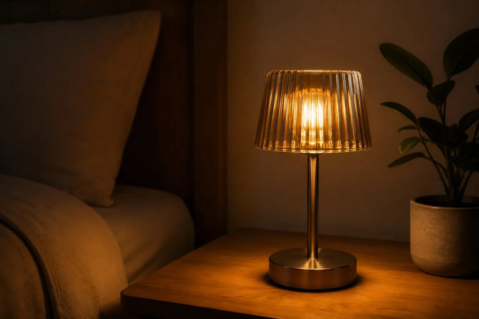 Warm amber table lamp glowing low on a wooden nightstand in a dim bedroom, casting a soft orange pool of light