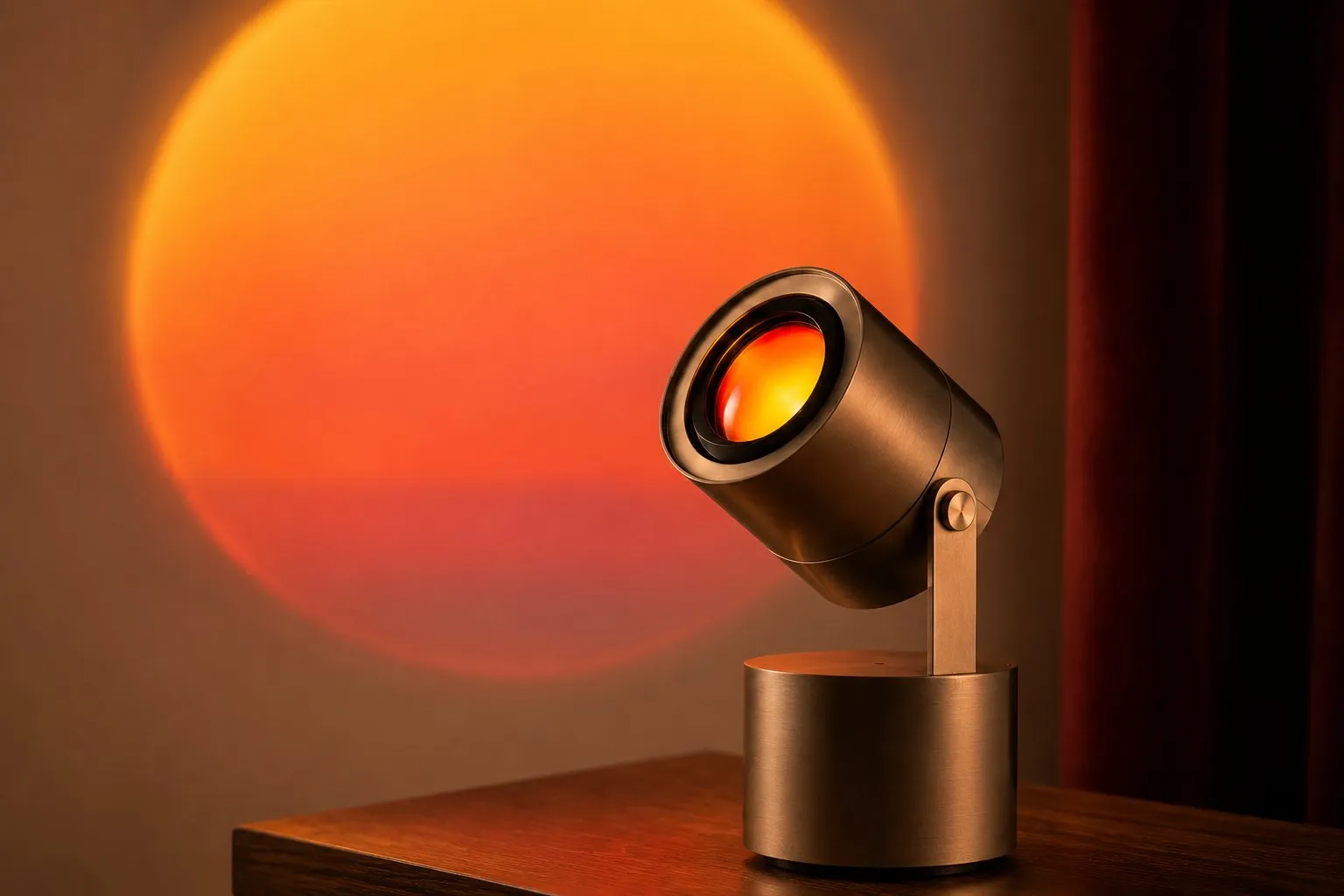 Close-up of a matte sunset projection lamp head and its clear projection lens on a wood shelf
