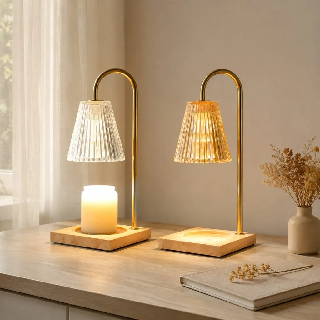 Fluted glass cone shade candle warmer lamp on a square wood base, the format that recurs across best candle warmers listings