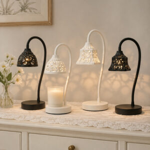 Openwork Metal Shade Candle Warmer Lamp, S-Curve Stem