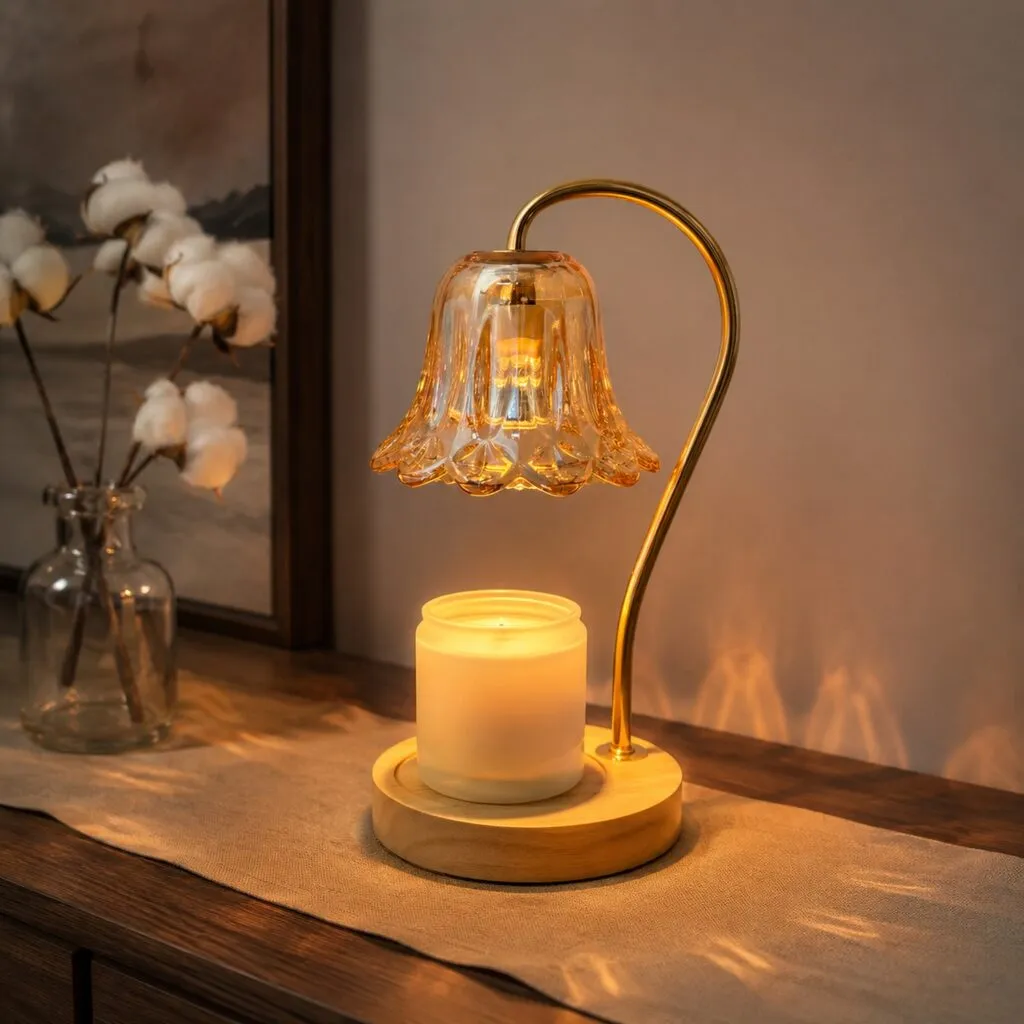 Amber bell glass candle warmer lamp on a round wood base, specified on the same platform as the rest of the range