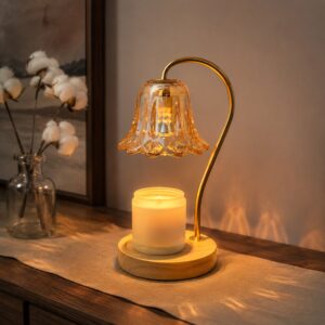 Amber Bell Glass Candle Warmer Lamp, Round Wood Base