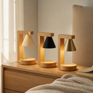 Wood Frame Candle Warmer Lamp, Inverted Metal Shade