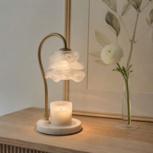 Frosted Petal Glass Candle Warmer Lamp, Round Marble Base